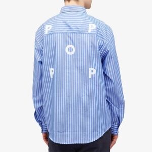 Pop Trading Company Blue and White Striped Button Down Shirt With Back Graphic